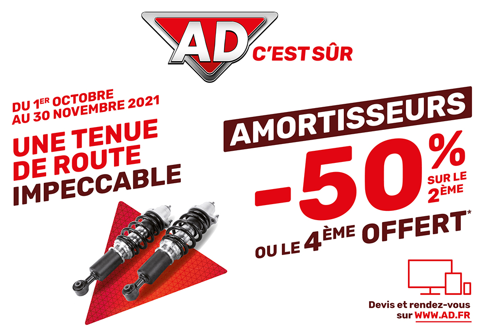 Du 1er octobre au 30 novembre 2021, -50% sur le 2ème amortisseurs ou le 4ème offert chez Ad garage David à Saint Fulgent