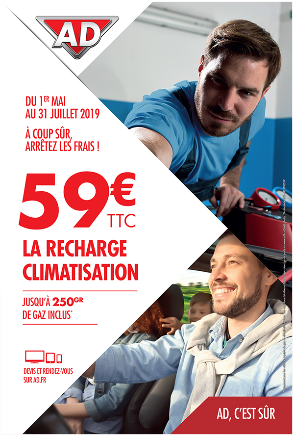 Du 1er mai au 31 juillet 2019, la recharge de climatisation à 59 € ttc, 250 gr de gaz inclus dans votre garage AD à Saint Fulgent en Vendée