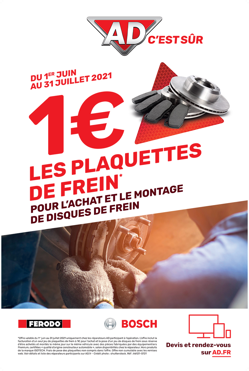 Du 1er juin au 31 juillet 2021 poour l'achat et le montage de disques de frein 1 € les plaquettes de frein* au Garage David AD Expert à Saint Fulgent en Vendée