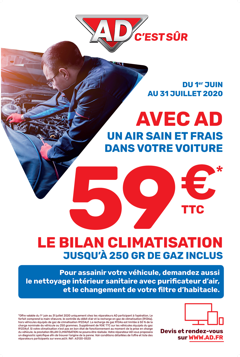 Avec AD Garage David, un air sain et frais dans votre voiture avec le bilan climatisation à partir de 59 euros du 1 juin au 31 juillet 2020