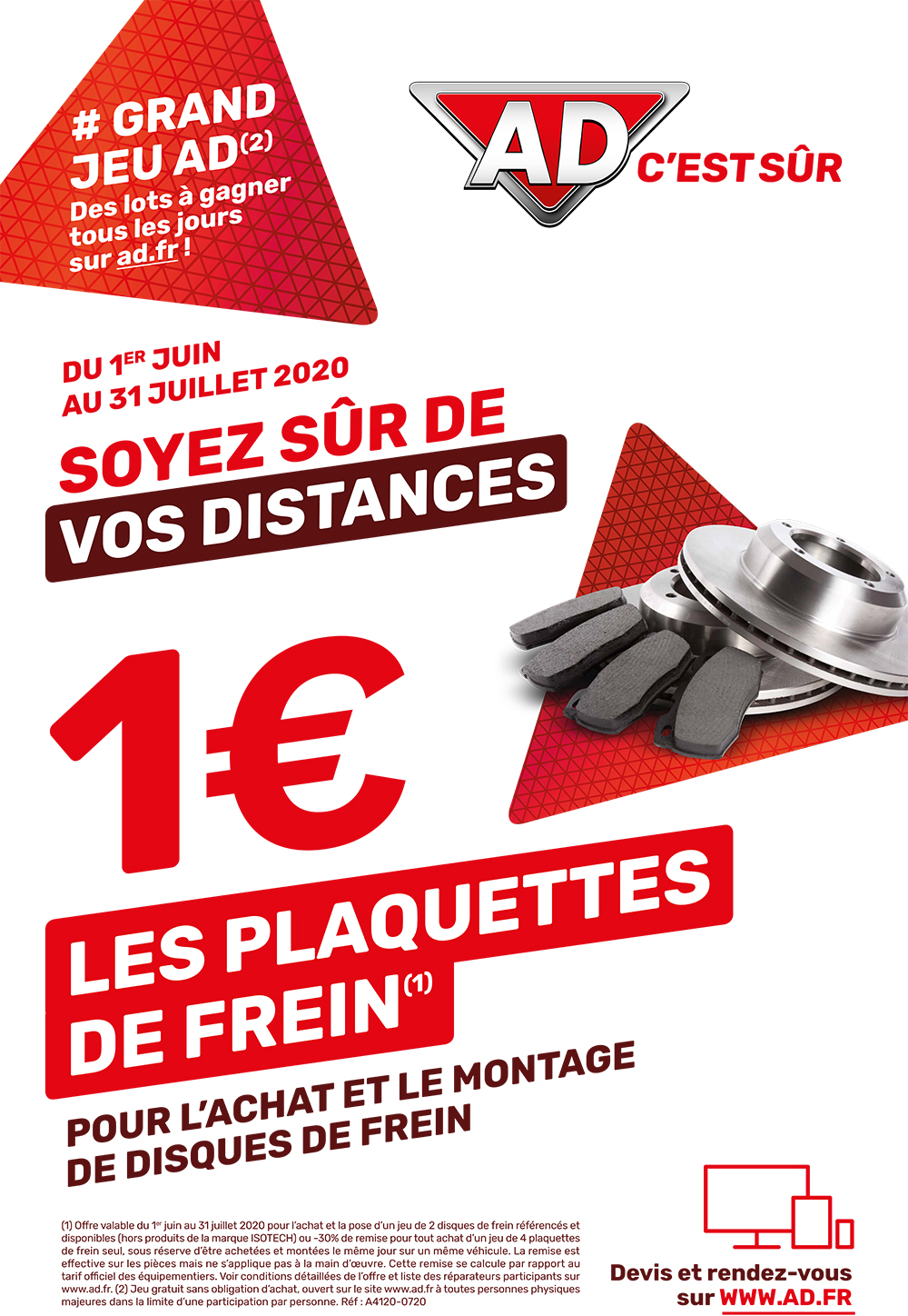 Avec AD Garage David, soyez sur de vos distances avec les plaquettes de frein à 1 € pour l'achat et le montage de disque de frein du 1 juin au 31 juillet 2020