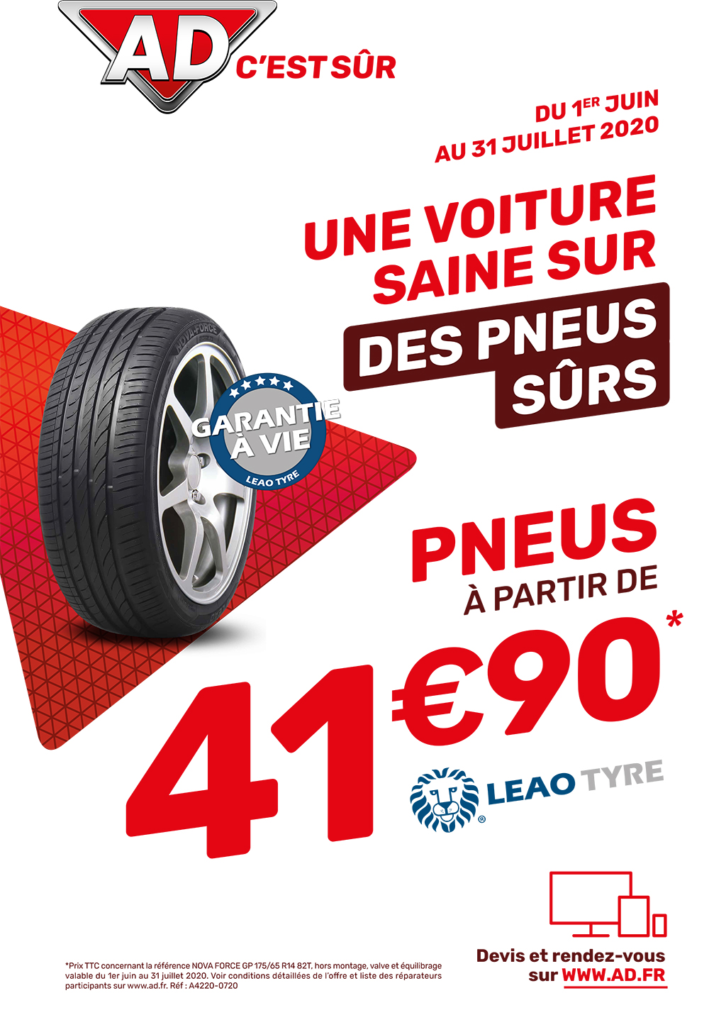 Avec AD Garage David, une voiture saine sur des pneus sûrs avec les pneus Leao Tyre à partir de 41.90 € du 1 juin au 31 juillet 2020