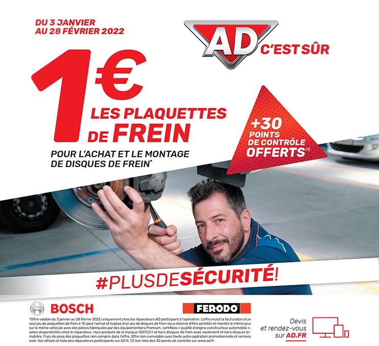 Du 3 janvier au 28 février 2022, 1€* Les plaquettes de frein pour l'achat et le montage de disque de frein au Garage David  AD Expert à Saint Fulgent