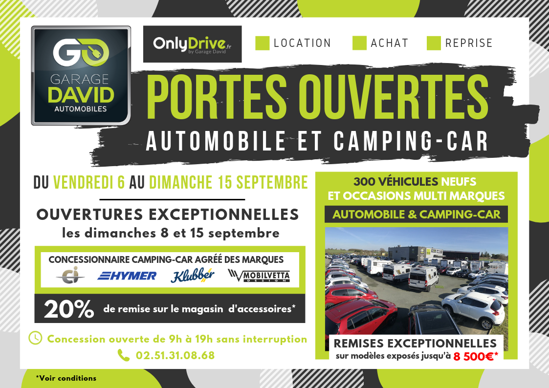 Portes ouvertes auto et camping-car du 6 au 15 septembre au Garage David à Saint Fulgent en Vendée. Remises exceptionnelles jusqu'au 8500 euros sur les modèles exposés