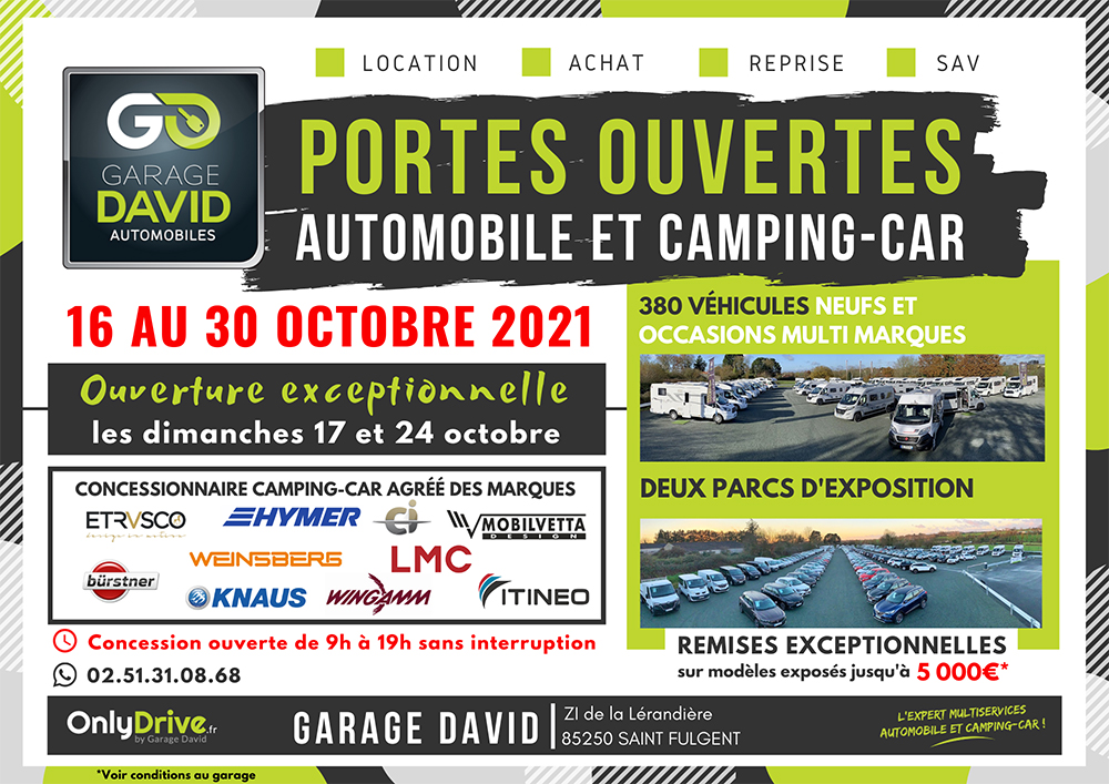 Portes Ouvertes Automobiles et Camping-car du 16 au 30 octobre 2021 avec des ouvertures exceptionnelles les dimanches 17 et 24 octobre 2021 et des remises jusqu'à 5000 euros sur les modèles exposés.