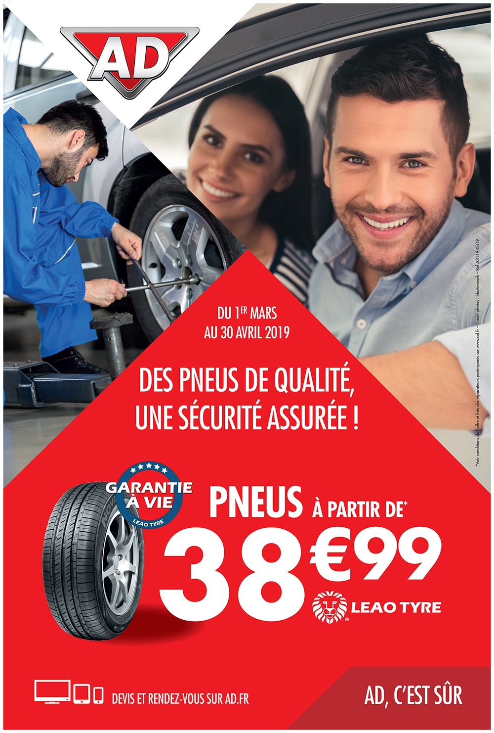 Offre pneumatique LEAO à partir de 38.99 € du 1er mars au 30 avril 2019 au Garage David AD à Saint Fulgent en Vendée