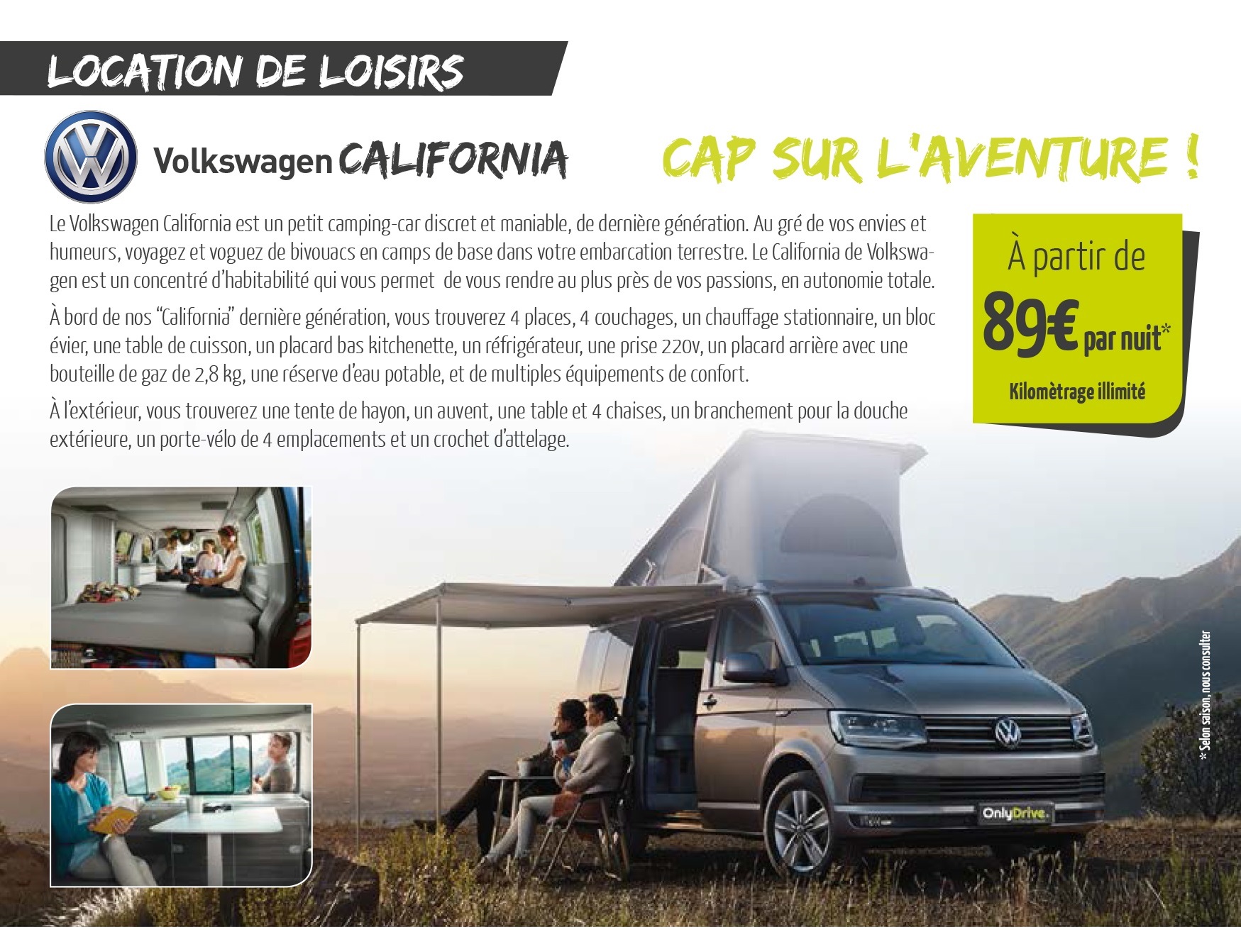 Location d'un Volkswagen California 4 places 4 couchages à saint Fulgent en Vendée, Garage David Onlydrive.fr