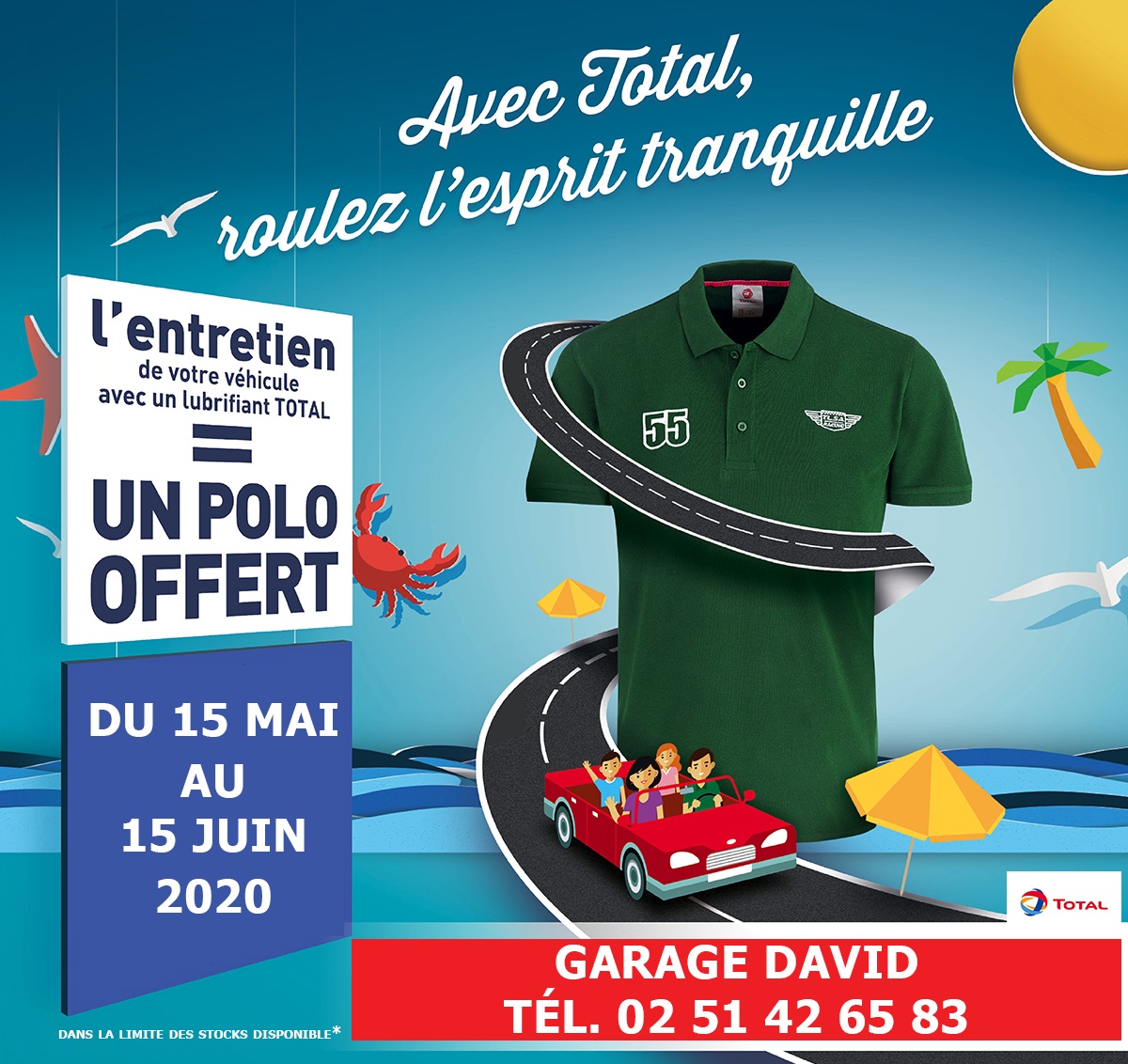 Du 15 mai au 15 juin 2020, L'entretien de votre véhicule avec un lubrifiant Total = un polo offert au Garage David Saint Fulgent en Vendée