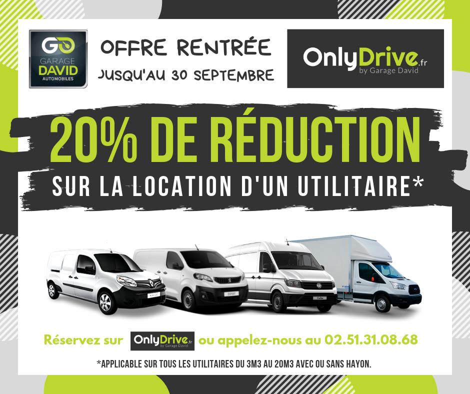 Jusqu'au 30 septembre, le Garage David avec son agence de location Onlydrive propose une offre rentrée sur la location courte durée d'utilitaire allant de 3m3 au 20m3 hayon.