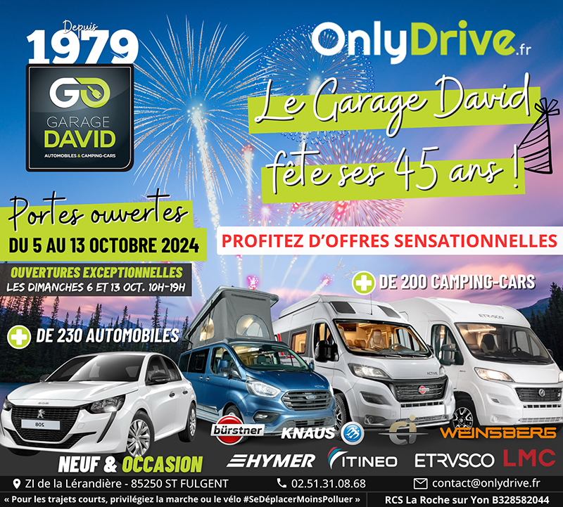 Le Garage David fête ses 45 ans pendant ses portes ouvertes du 5 au 13 octobre 2024 à  Saint Fulgent, venez profiter d'offres sensationnelles sur des modèles prêt à partir