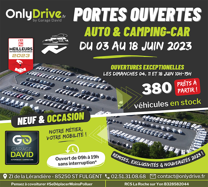 Portes ouvertes auto et camping-car du 3 au 18 juin 2023 au Garage David Onlydrive à Saint Fulgent en Vendée