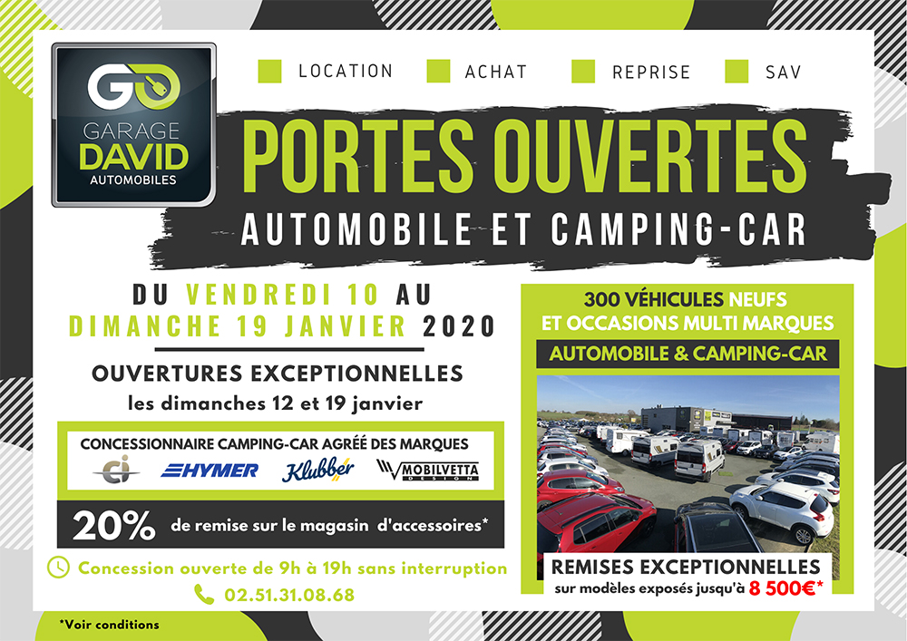 Portes ouvertes auto et camping-car du 10 au 19 janvier 2020 au Garage David Saint Fulgent en Vendée