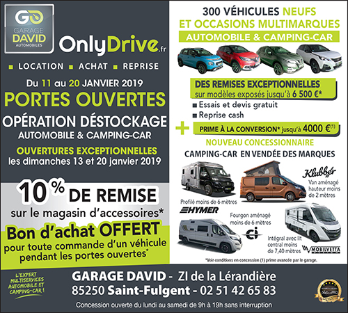 Portes ouvertes opération déstockage automobile & camping-car du 11 au 20 janvier 2019 au Garage David à Saint Fulgent en Vendée