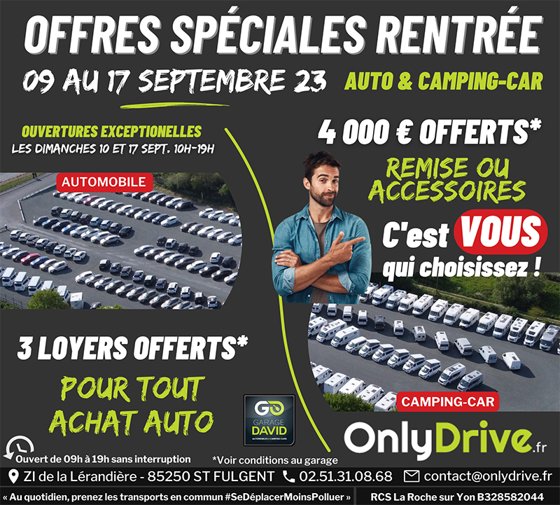 Portes Ouvertes Auto & Camping-car du 9 au 17 septembre 2023, profitez d'offres sensationnelles spéciale rentrée au Garage David Onlydrive à Saint Fulgent en Vendée