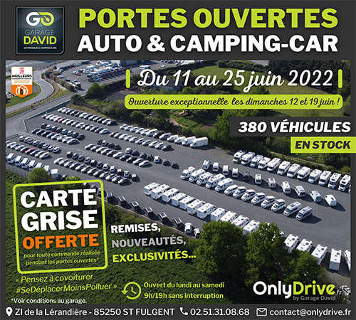 Portes Ouvertes Automobiles et Camping-cars du 11 au 25 juin 2022 au Garage David Onlydrive à Saint Fulgent en Vendée, carte grise offerte pour tout achat réalisé pendant l'opération*.