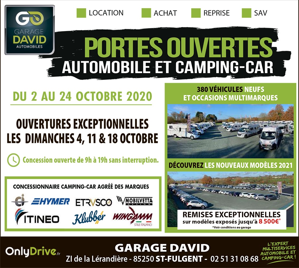 Portes ouvertes auto & camping-car du 2 au 24 octobre 2020 au Garage David à Saint Fulgent en Vendée