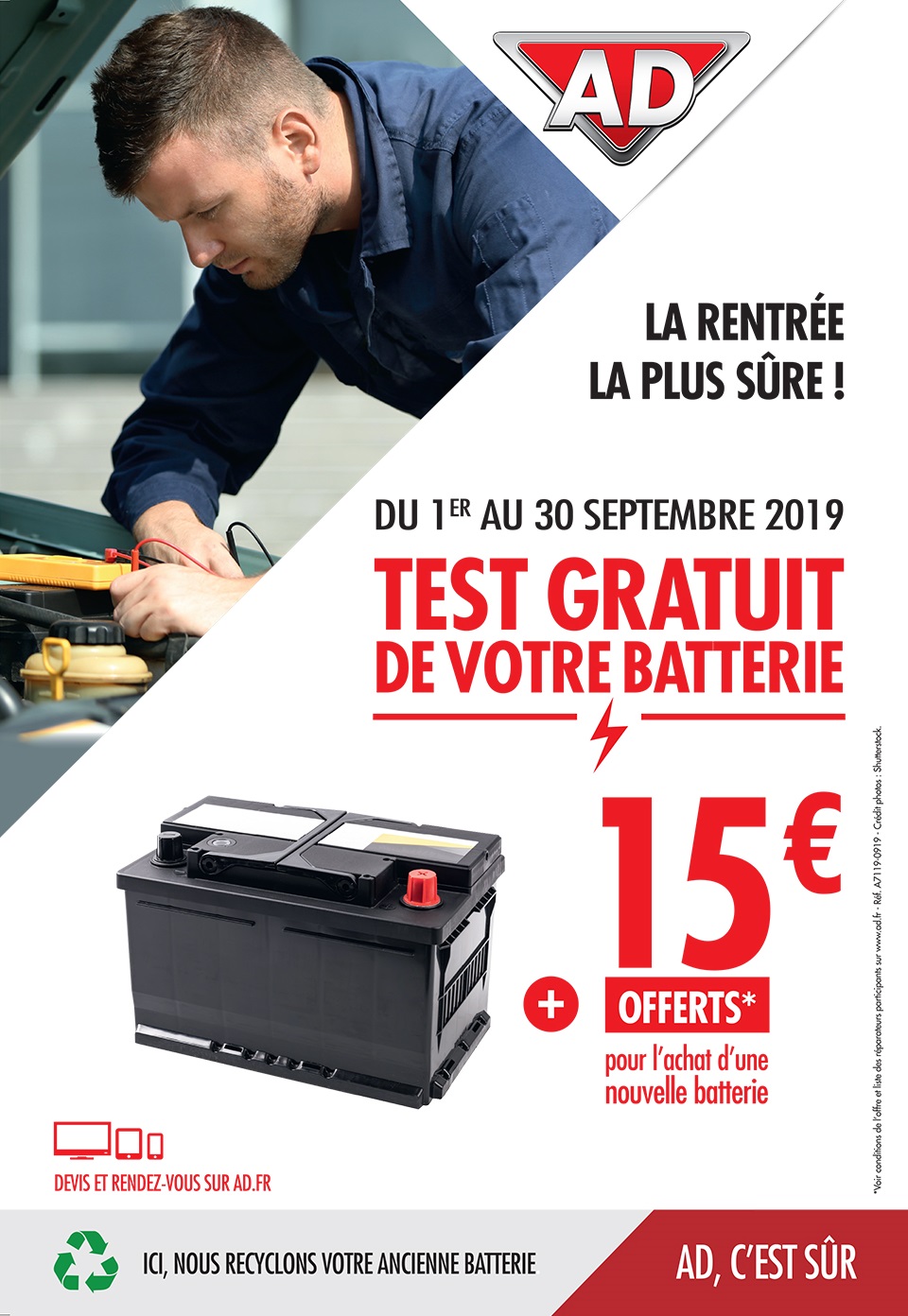 Du 1 au 30 septembre, 15 euros offert pour l'achat d'une nouvelle batterie au Garage David Onlydrive - réseau AD à Saint Fulgent en Vendée