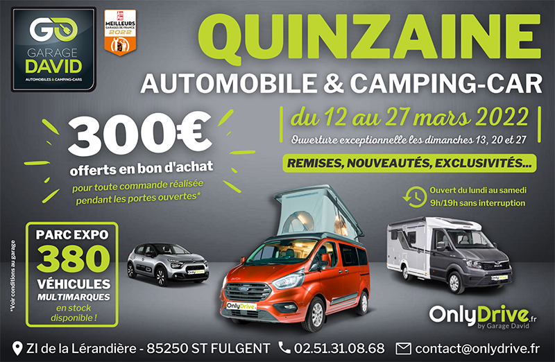 Quinzaine de l'automobile et du camping-car du 12 au 27 mars 2022 au Garage David Onlydrive à Saint Fulgent en Vendée