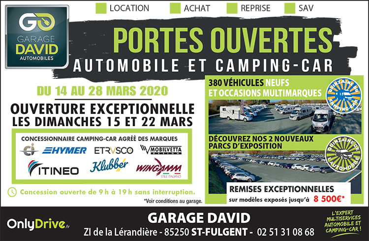 Portes ouvertes : quinzaine de l'automobiles et du camping-car du 14 au 28 mars au Garage David à Saint Fulgent. Bénéficiez de remises exceptionnelles sur les modèles exposés.