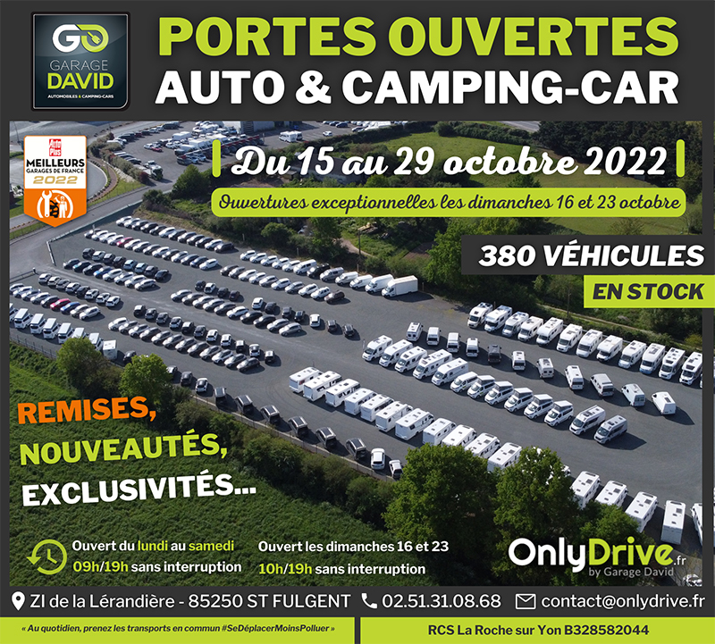 Portes Ouvertes Auto & Camping-car du 15 au 29 octobre 2022 au Garage David Onlydrive à Saint Fulgent en Vendée, profitez de remises exceptionnelles sur une sélection de véhicules exposées et de nombreux avantages ! 